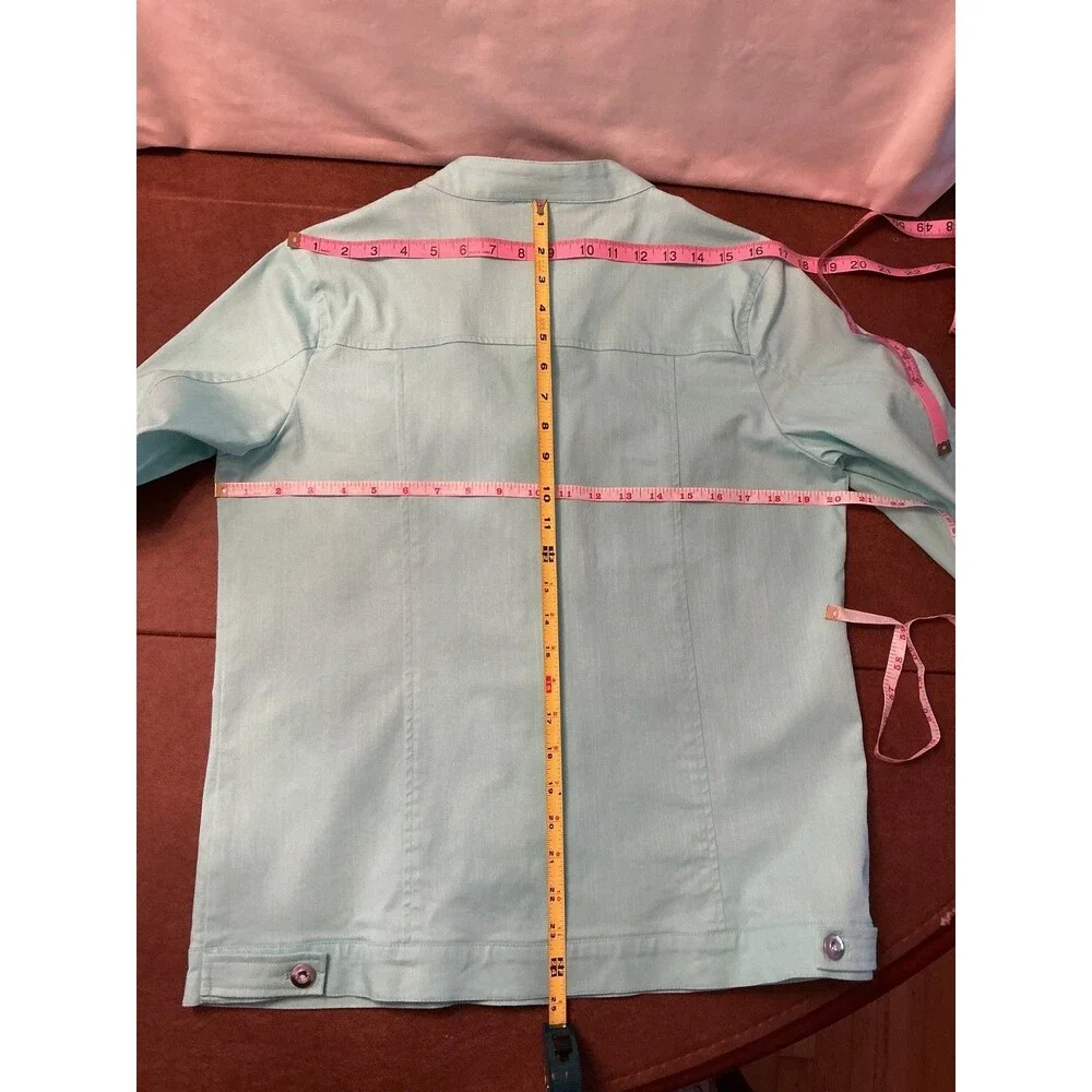 Quacker Factory womens torquise color denim jean jacket Sz S cotton Euro-Summer